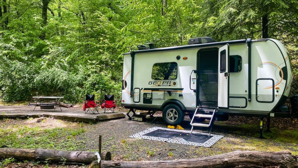 Travel trailer parked in wooded campsite with screens on door to keep the RV bug free.