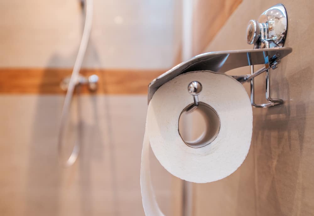 toilet paper hung on a wall in an RV bathroom