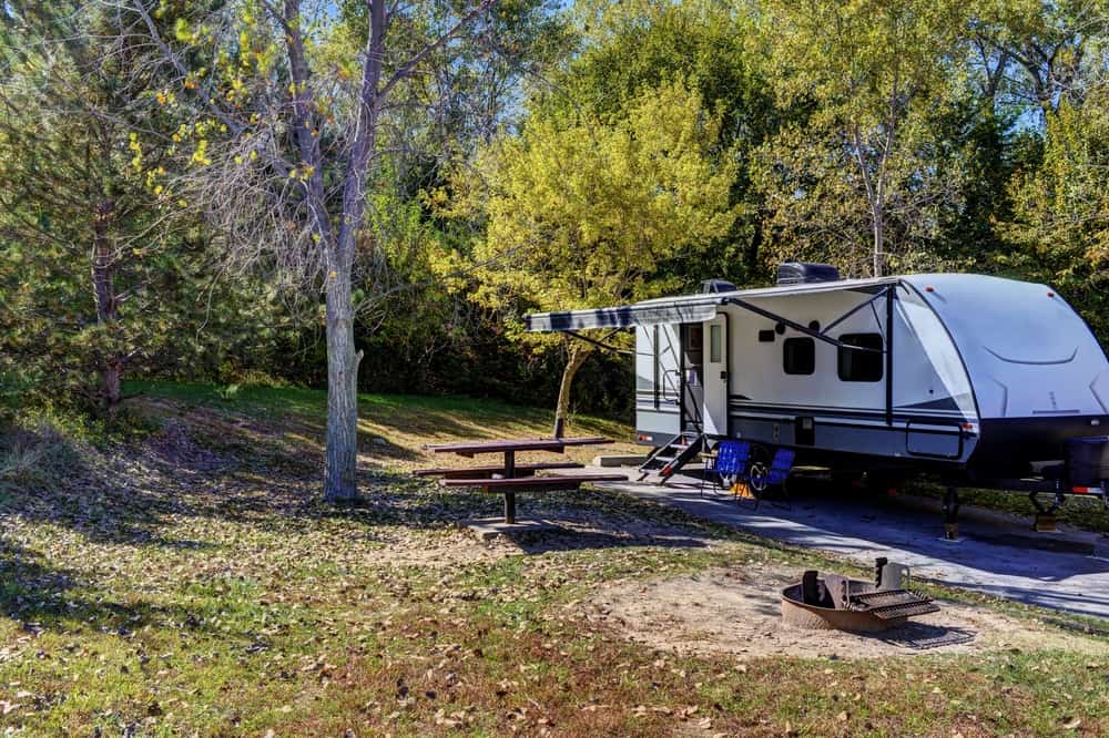 A travel trailer setup in a state park.