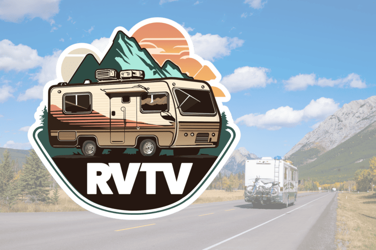 The RVTV logo overlaid on an rv on a scenic highway