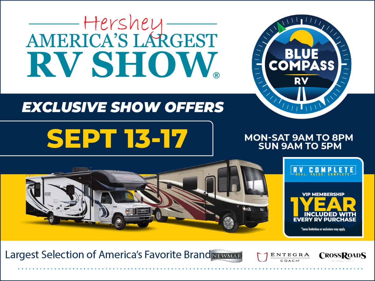 Advertisement for Blue Compass RV attending the Hershey RV Show