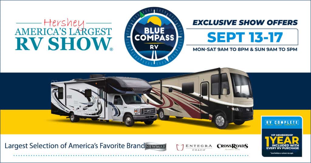 Hershey RV Show advertisement showing dates with a motorhome graphic.