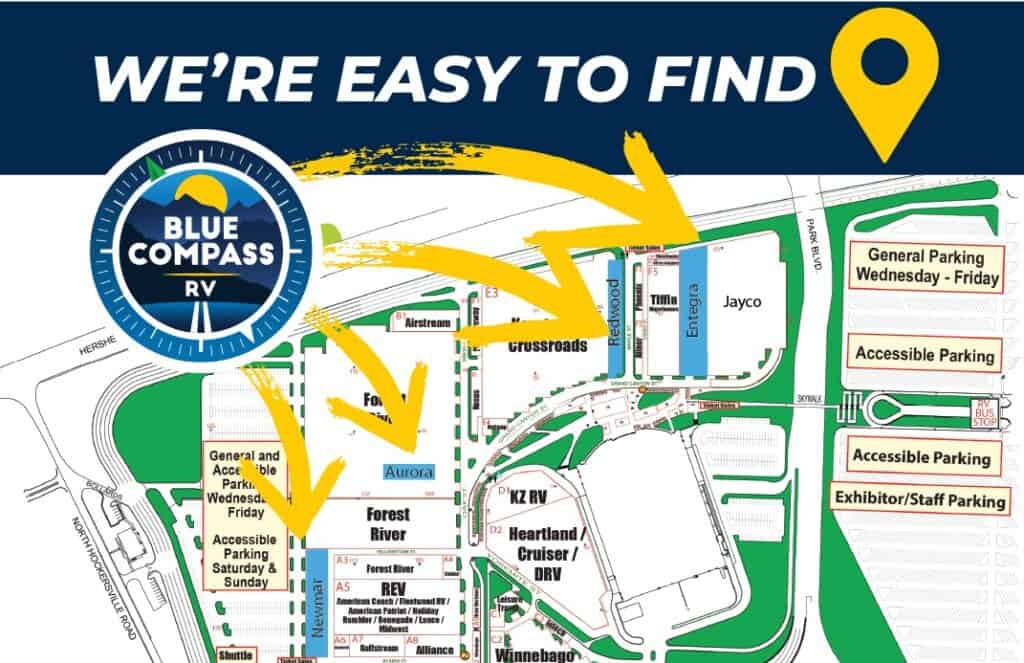 map of hershey rv show highlighting blue compass rv display locations.