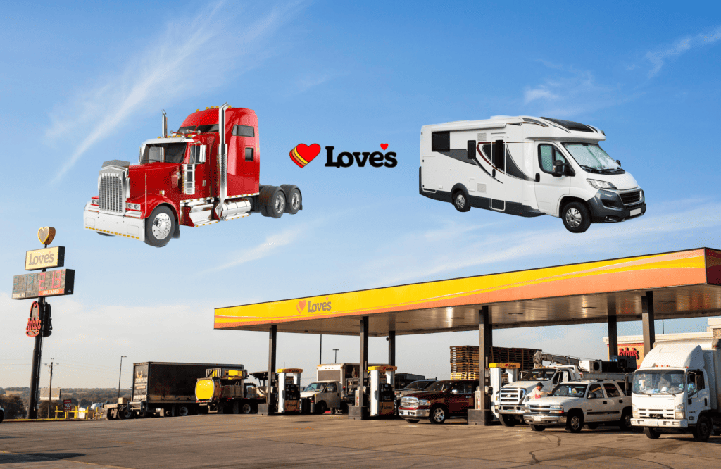 Loves truck stop with RVs and trucks fueling up