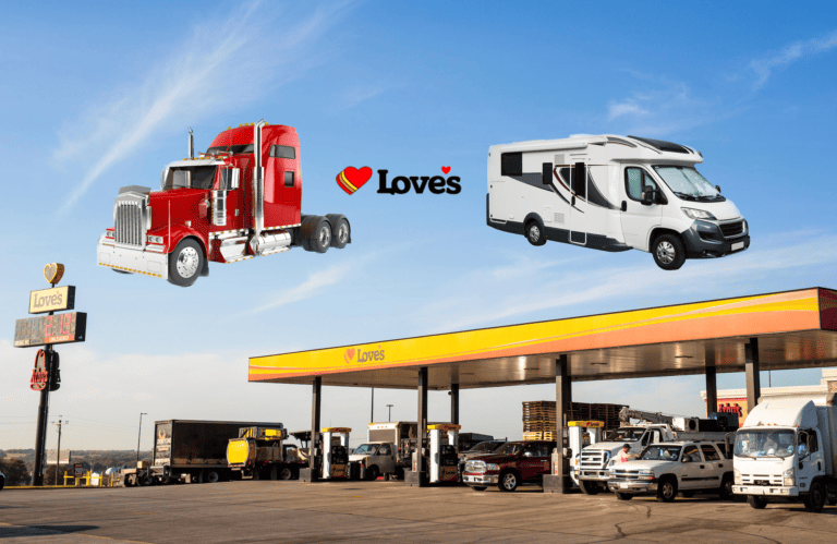 Loves truck stop with RVs and trucks fueling up