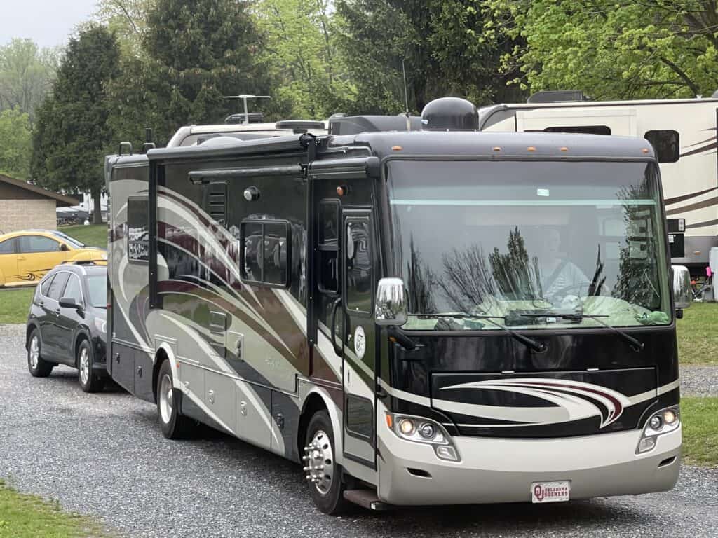 a black and white Class A motorhome