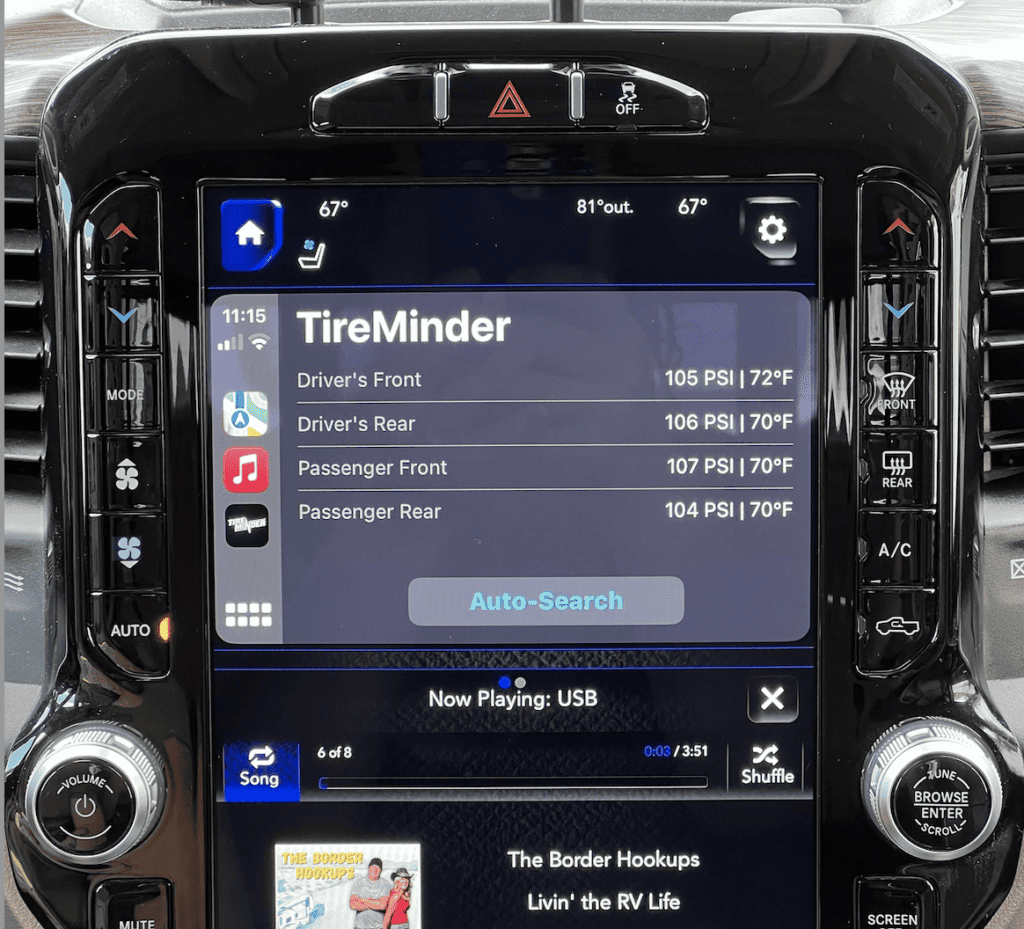 TireMinder app shown on Apple CarPlay screen
