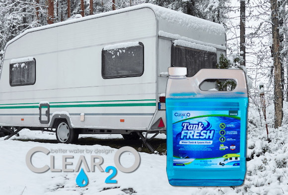 RV in winter with TankFRESH product overlaid.