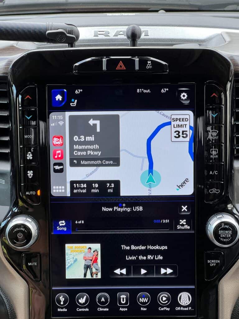 truck head unit displaying apple carplay screen using a navigation tool for a safe rv trip