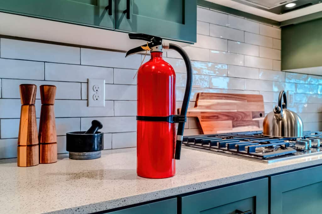 fire safety, fire extinguisher in kitchen