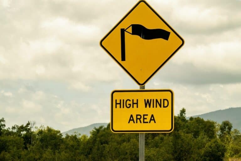 Sign that says High wind area