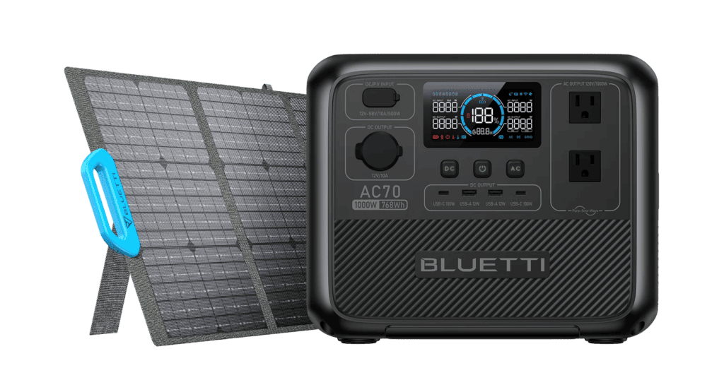 Stock image of the bluetti ac70 with solar panel