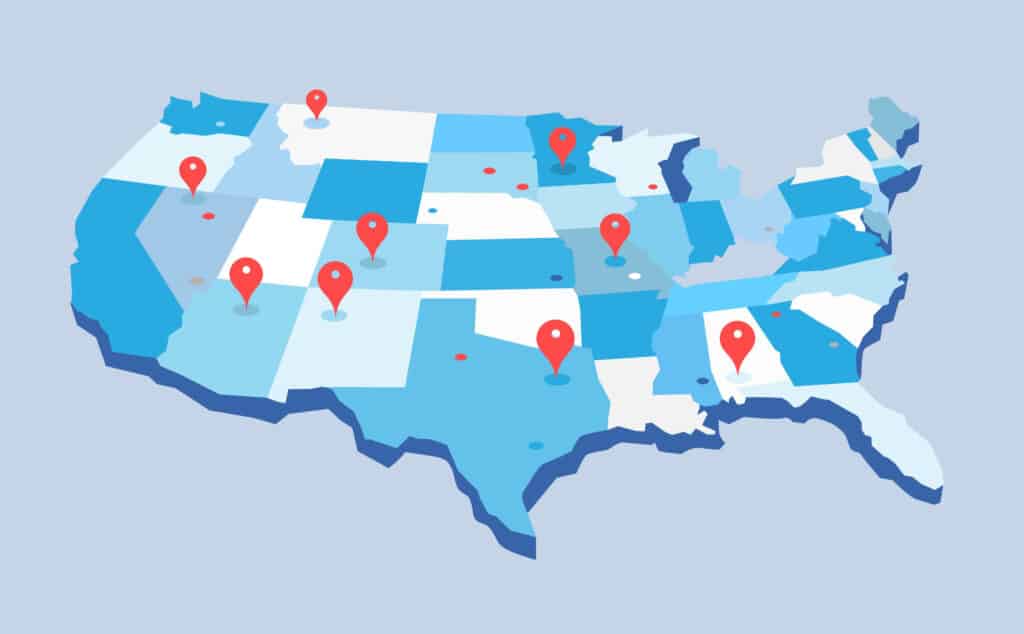 a us map with pins on various states representing the best state to buy an rv.