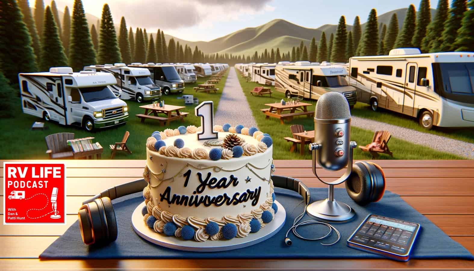 a cake in foreground with recording equipment, RVs parked in background.