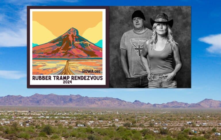 logo of the Rubber Tramp Rendezvous and the Border Hookups over remote landscape
