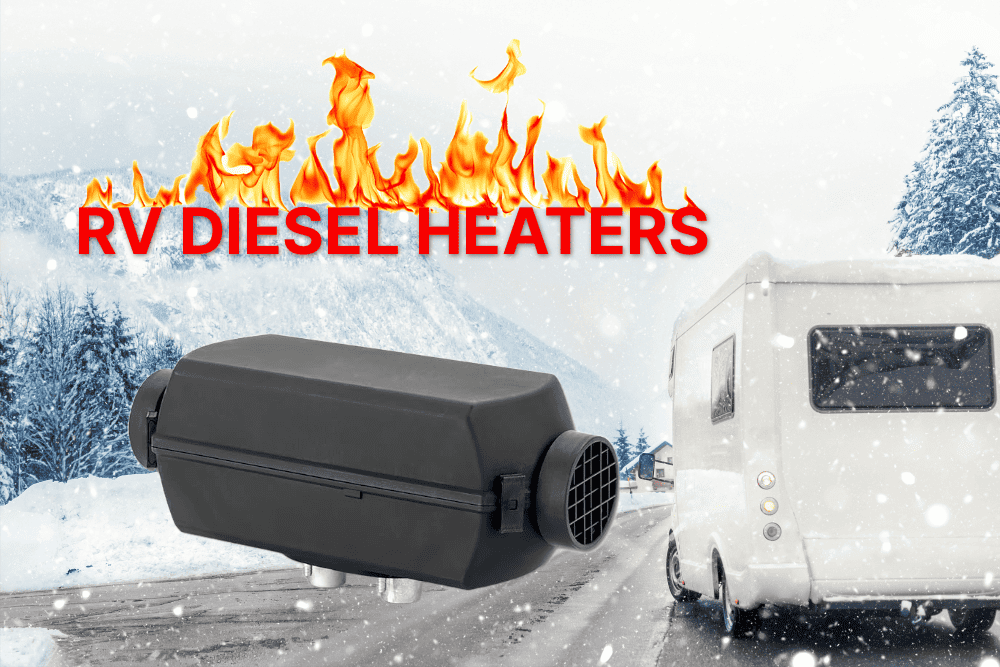 rv in winter with rv diesel heaters overlaid in flames