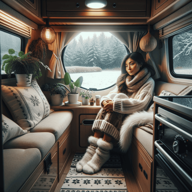 An illustration of a woman keeping warm inside her motorhome while it's snowing and cold outside.