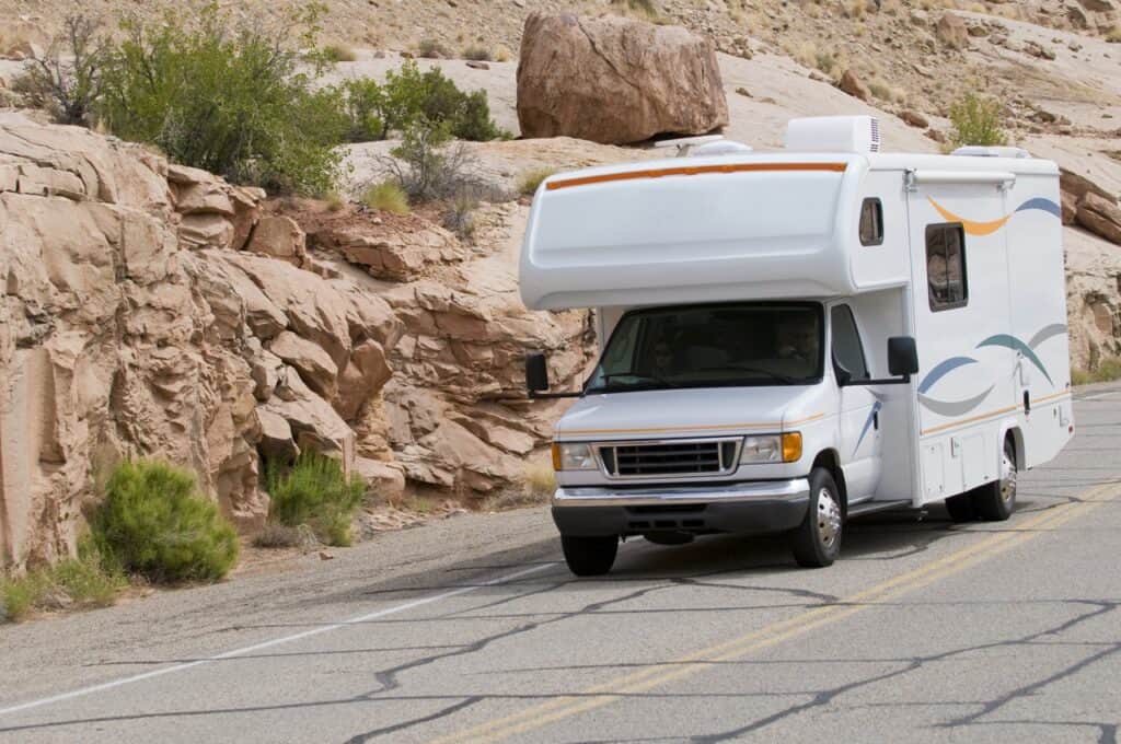 A Class C motorhome on the road.