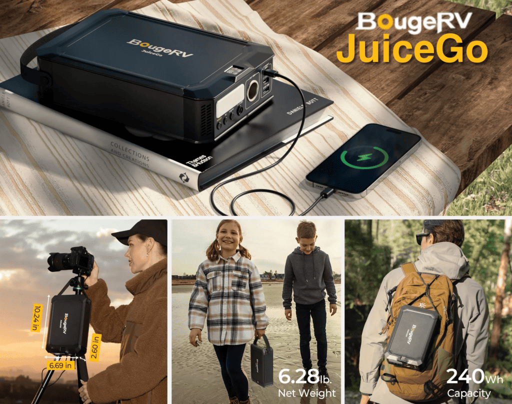 Lifestyle collage featured the JuiceGo from BougeRV