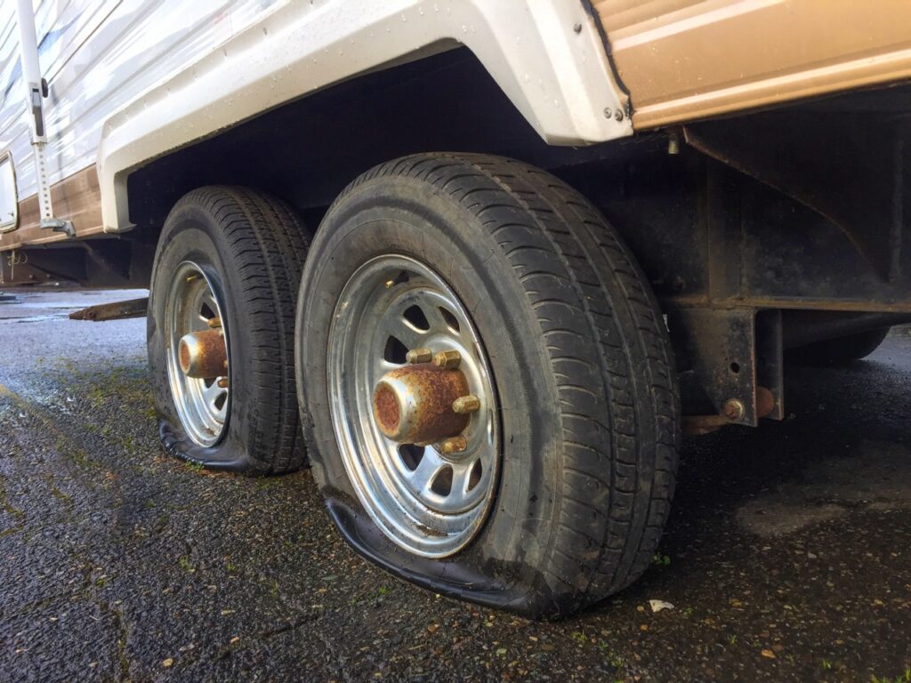 A dual-axle travel trailer with flat tires due to improper tire maintenance. Photo: Bruce Smith.