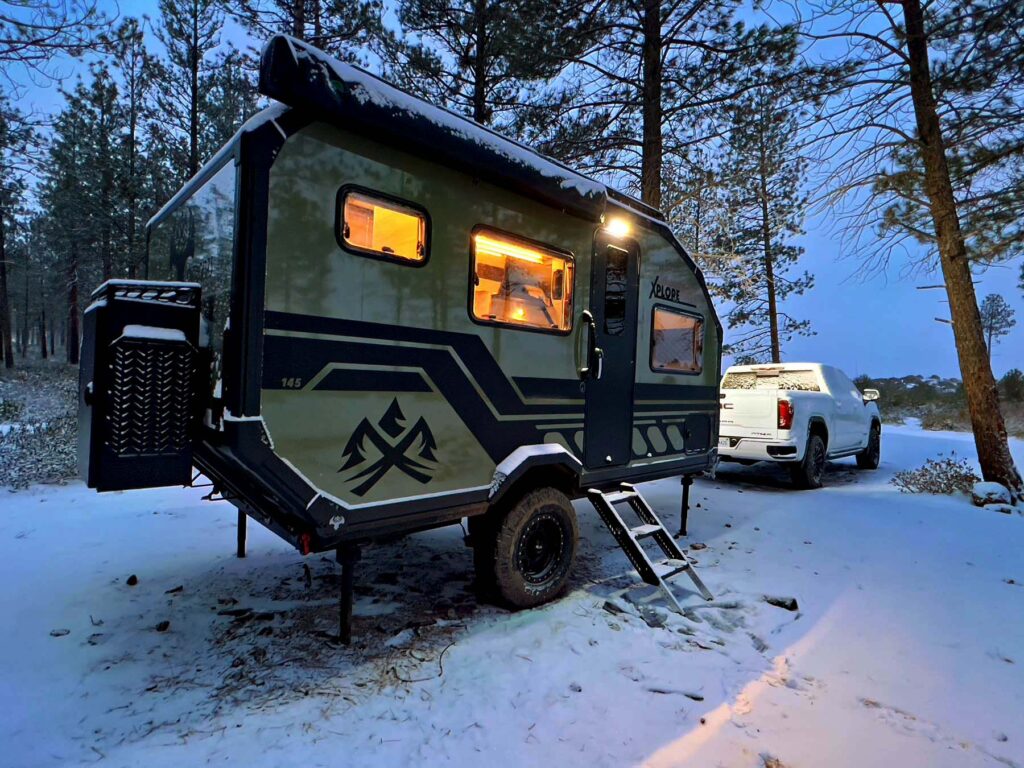 Xplore RV X195 trailer in a snowy location.