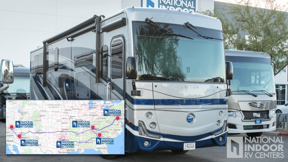 Class A motorhomes parked in front of National Indoor RV centers