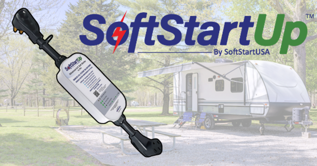 softstartup device and logo over watermarked campground