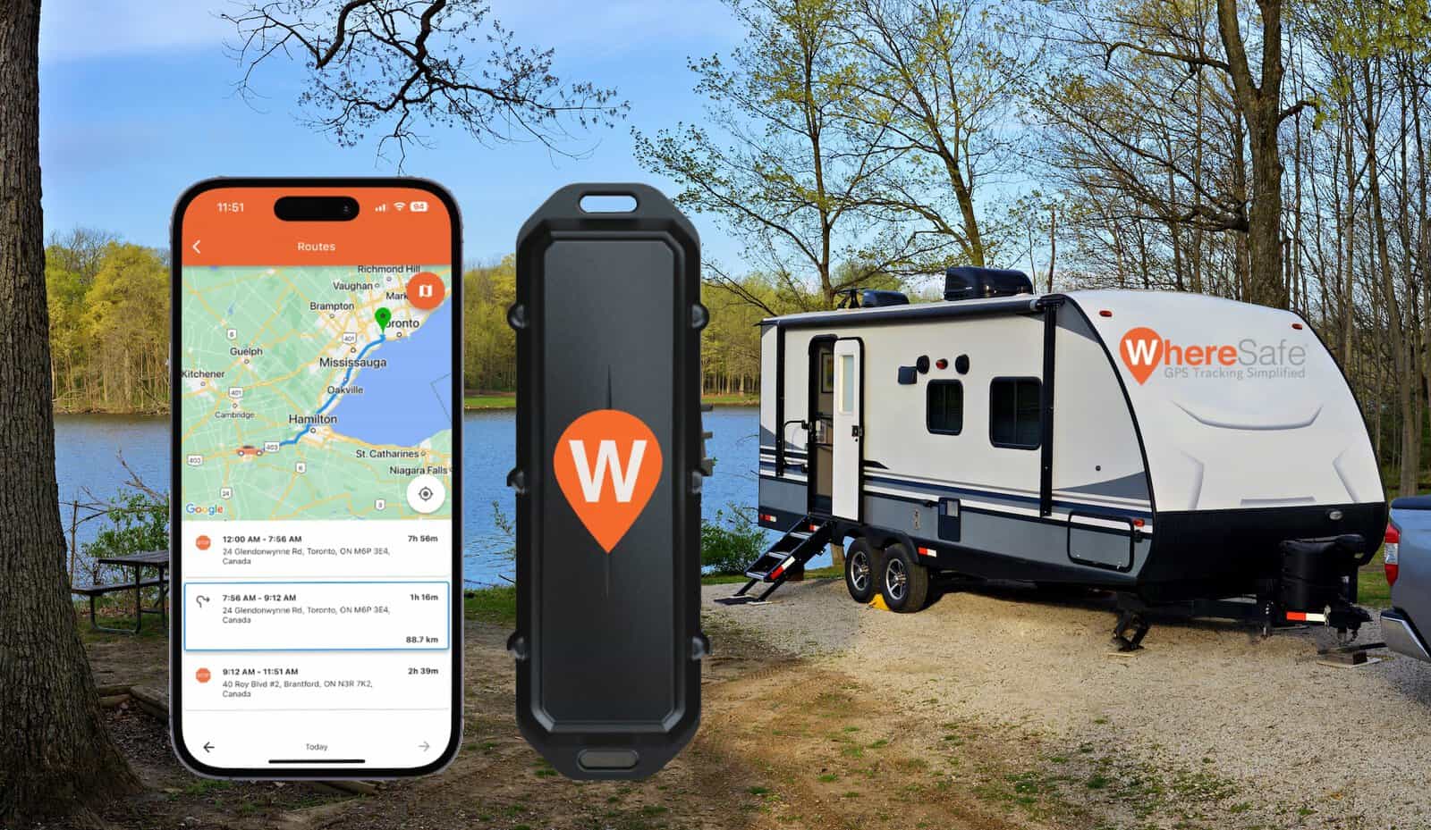 Wheresafe One Tracker shown with a travel trailer